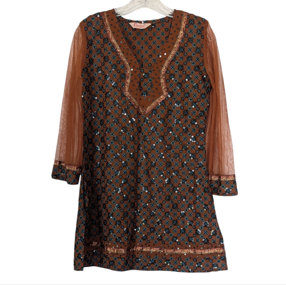 Fusion Elegant Brown Beaded Kurta Tunic Sz. S